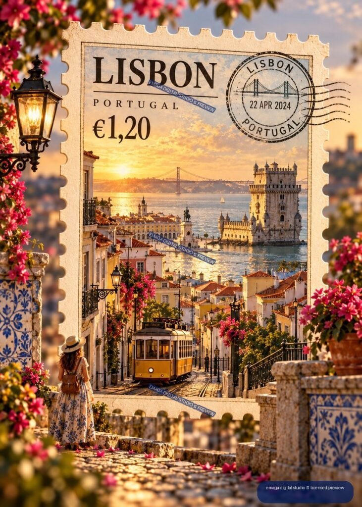 Decorative Lisbon postage stamp showing Belém Tower, the 25 de Abril Bridge, a yellow tram, and waterfront city rooftops, framed by flowers.