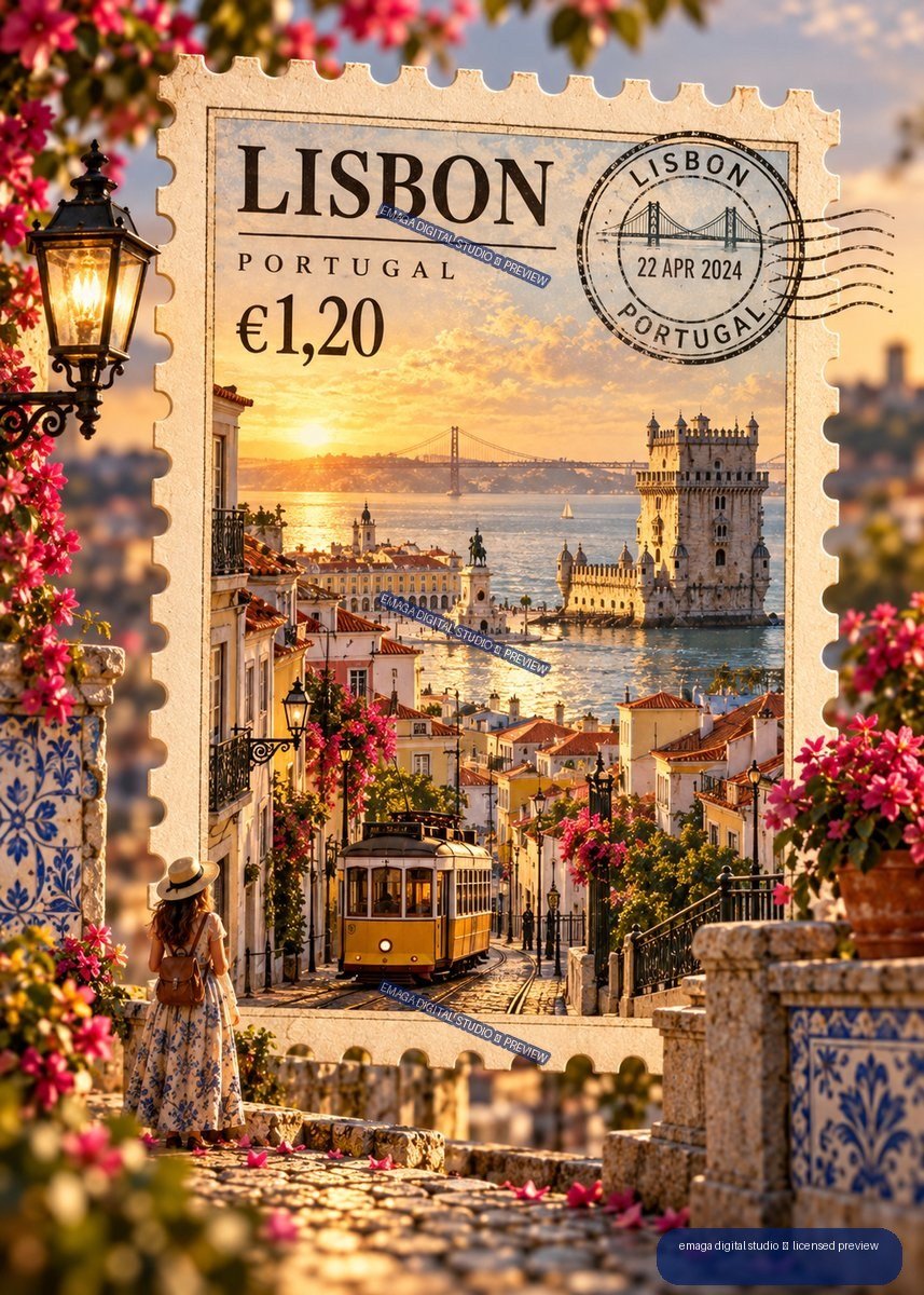 Decorative Lisbon postage stamp showing Belém Tower, the 25 de Abril Bridge, a yellow tram, and waterfront city rooftops, framed by flowers.