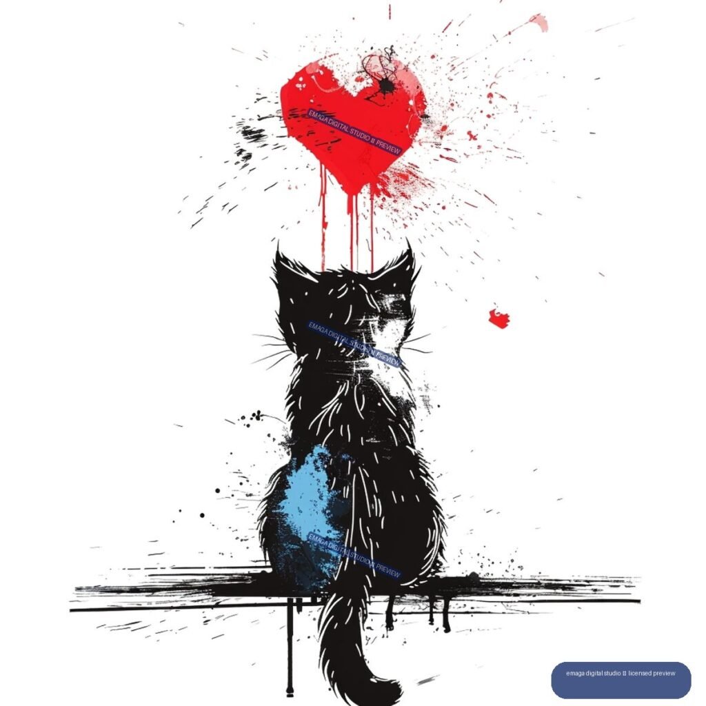 Stylized black cat with a blue body patch sitting beneath a red splattered heart, surrounded by expressive ink marks.
