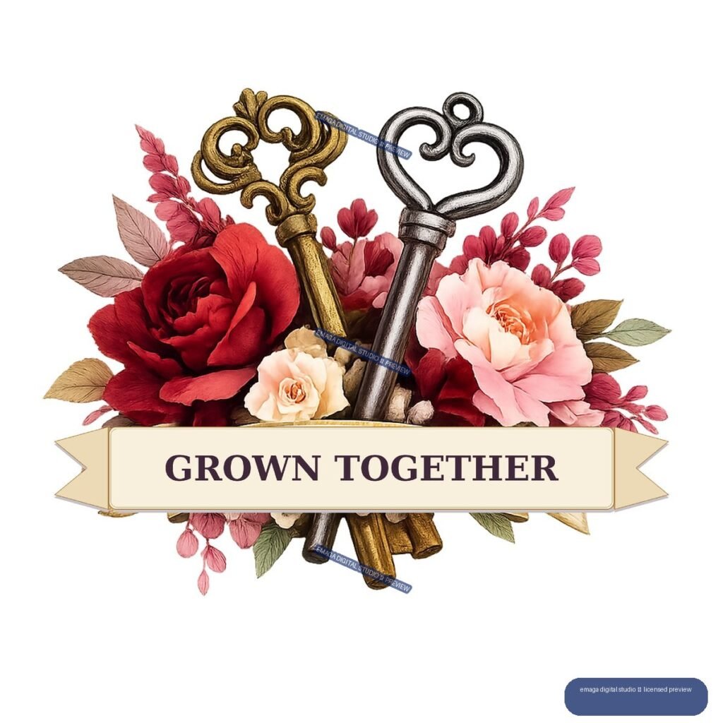 Two ornate keys rise from a bouquet of red and pink flowers behind a cream banner reading “GROWN TOGETHER.”