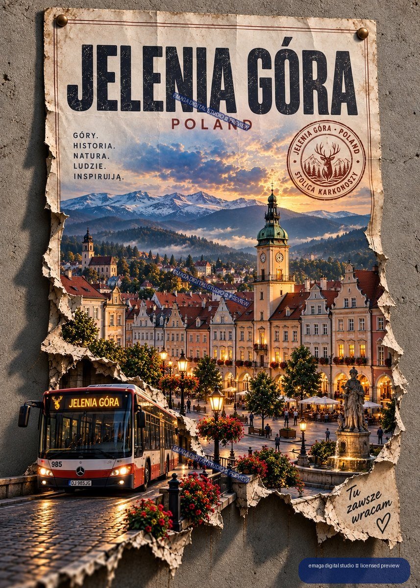 Weathered Jelenia Góra Poland travel poster showing a historic square, clock tower, mountains, fountain, flowers, and a city bus.