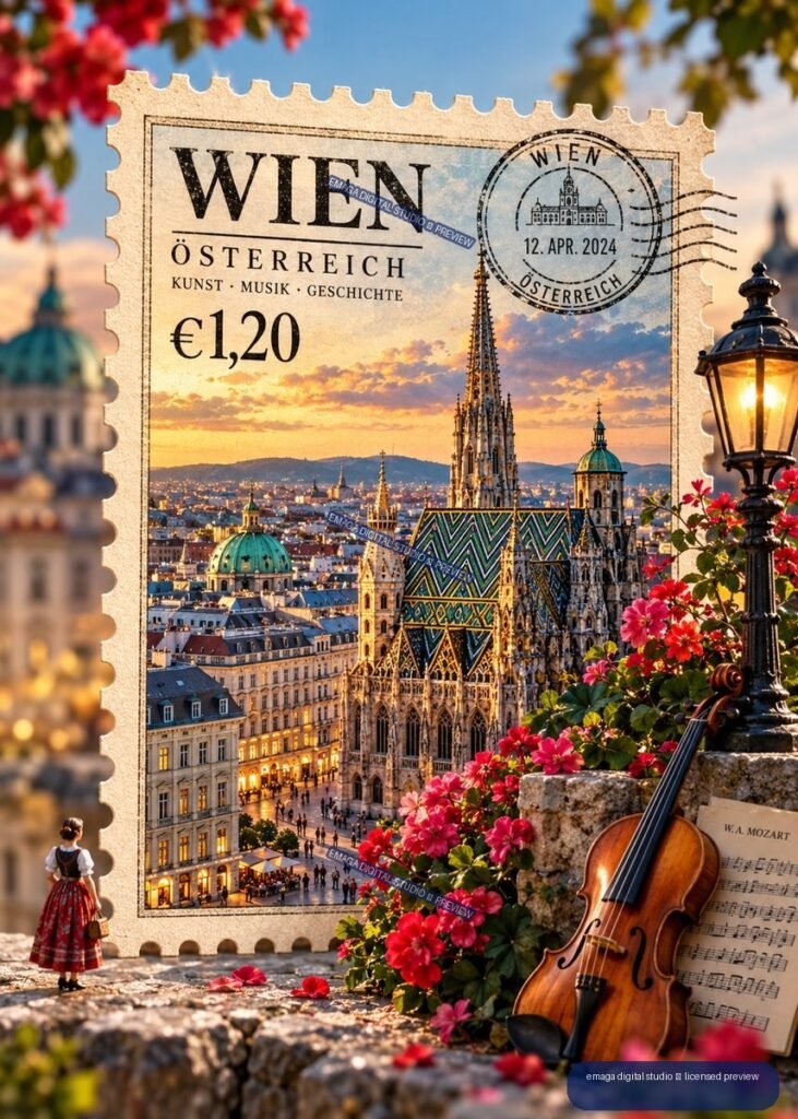 Decorative Vienna postage stamp showing St. Stephen’s Cathedral at sunset, surrounded by flowers, a lantern, violin, and sheet music.