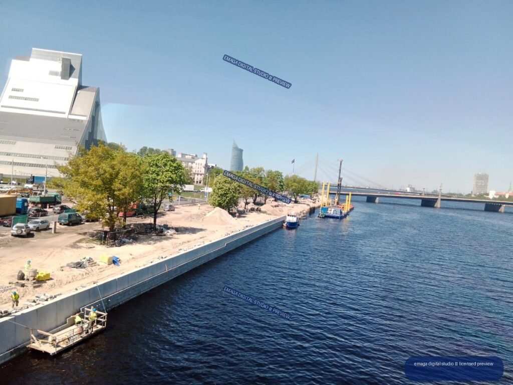 Riga, Latvia waterfront with construction works and bridge