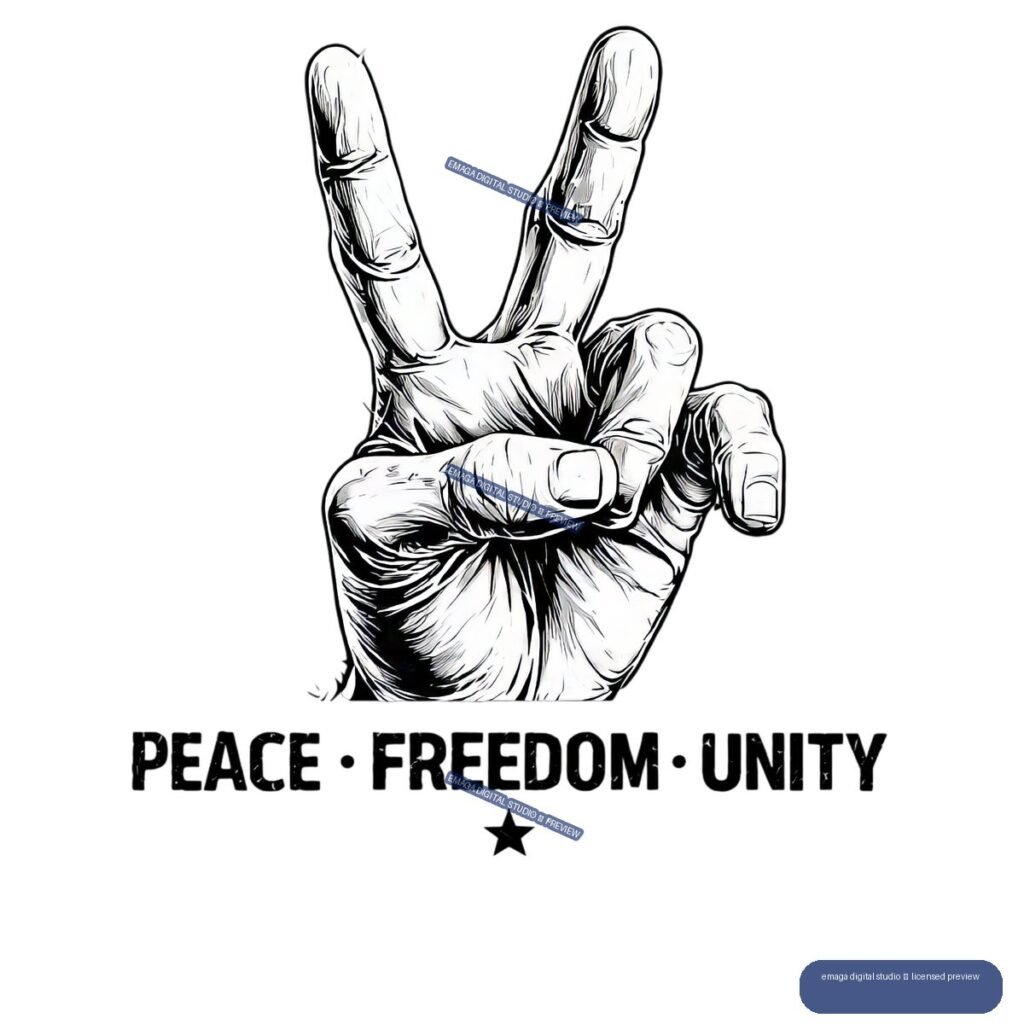 Black-and-white raised hand making a peace sign above the words “PEACE • FREEDOM • UNITY” and a star.