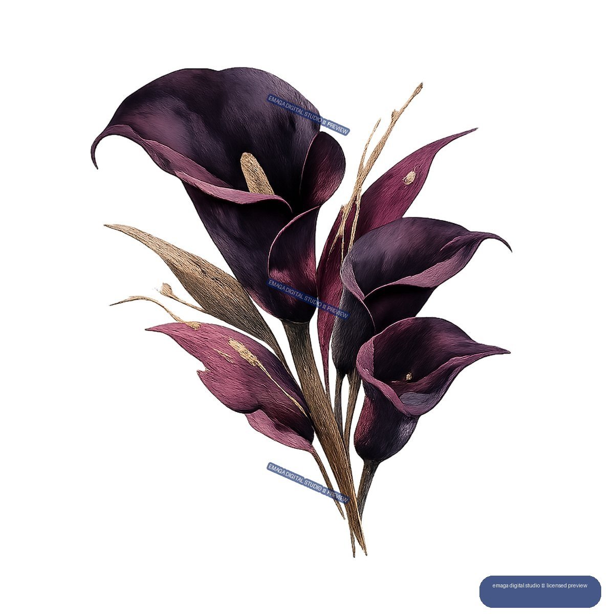 Cluster of dark purple and burgundy calla lilies with brown stems, leaves, and tan accents.