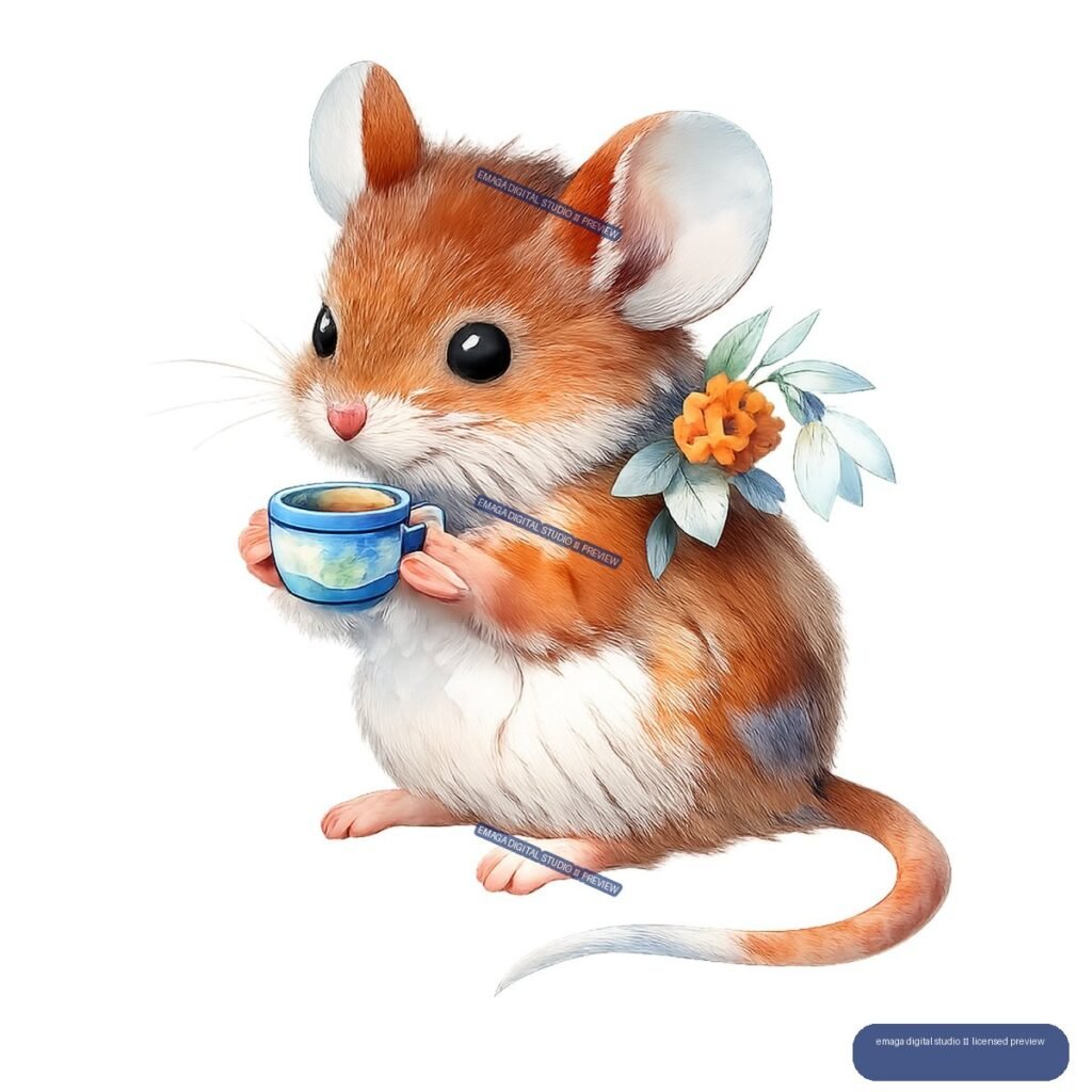 Orange-and-white mouse holding a blue cup, with an orange flower and blue-green leaves by its shoulder.