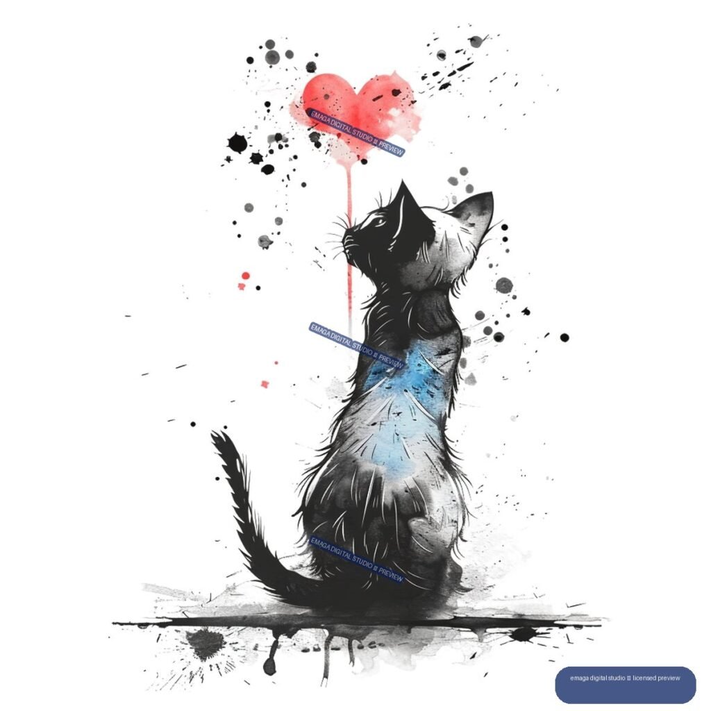 Seated black-and-white cat in a blue garment looking at a red heart-shaped balloon, surrounded by ink splatters.