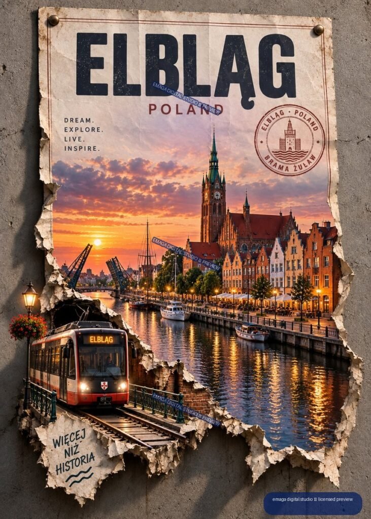 Vintage-style Elbląg Poland travel poster showing a sunset riverfront, historic buildings, boats, harbor cranes, and a red tram.