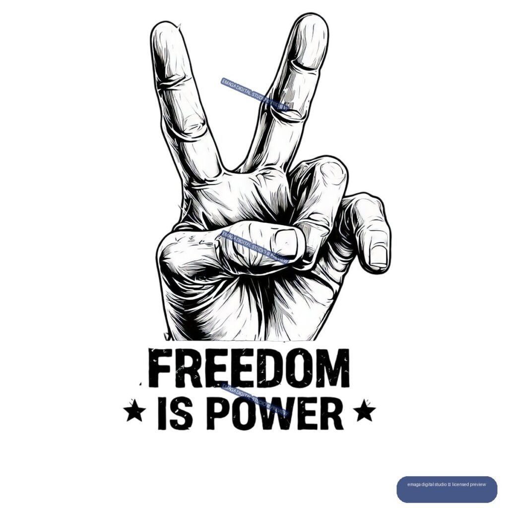 Black-and-white illustration of a raised hand making a two-finger gesture above the words “FREEDOM IS POWER,” with stars on either side.