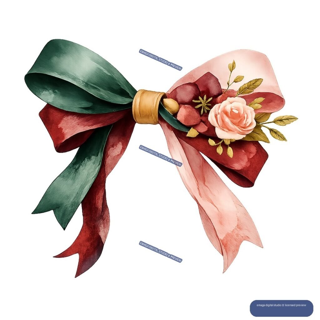 Ornate floral gift bow with burgundy, sage-green, and blush-pink ribbons, a peach rose, and golden botanical accents.