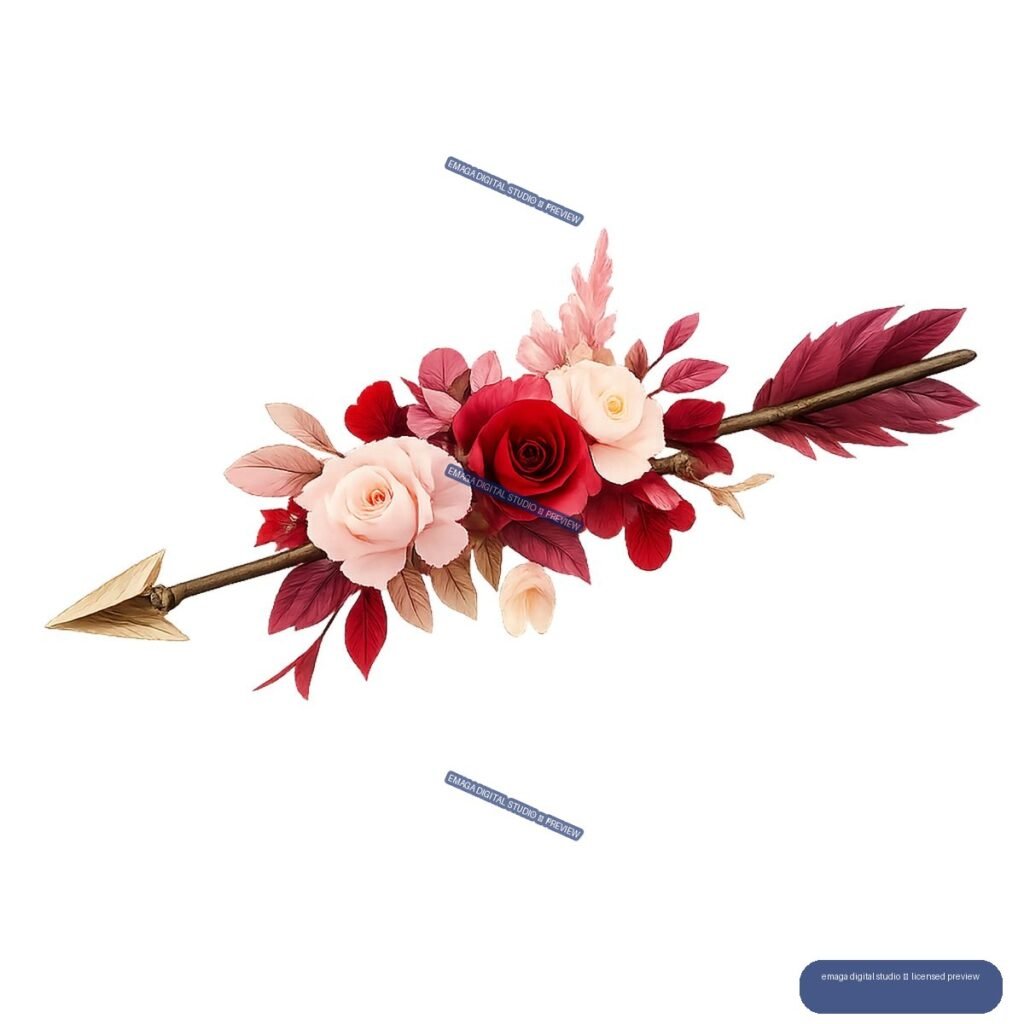 Diagonal wooden arrow decorated with red, blush pink, and cream roses and burgundy leaves.