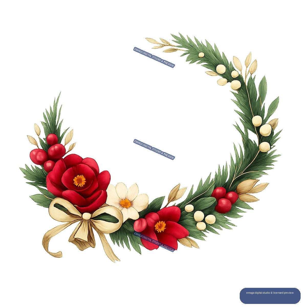 Open circular holiday wreath with evergreen branches, red flowers and berries, cream blossoms, pale berries, tan leaves, and a large cream bow.