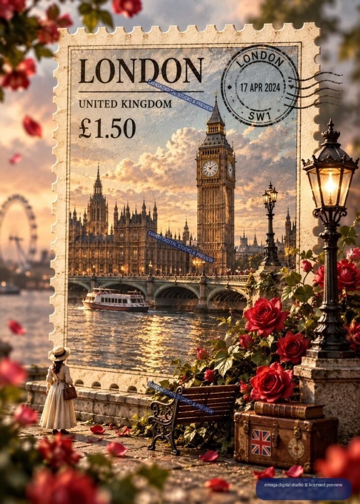 Decorative London postage stamp showing Elizabeth Tower, the Palace of Westminster, the Thames, roses, lamps, and a riverside promenade.