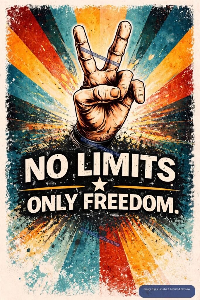 Distressed poster with a raised hand making a V sign, colorful radiating rays, and the words “NO LIMITS ONLY FREEDOM.”