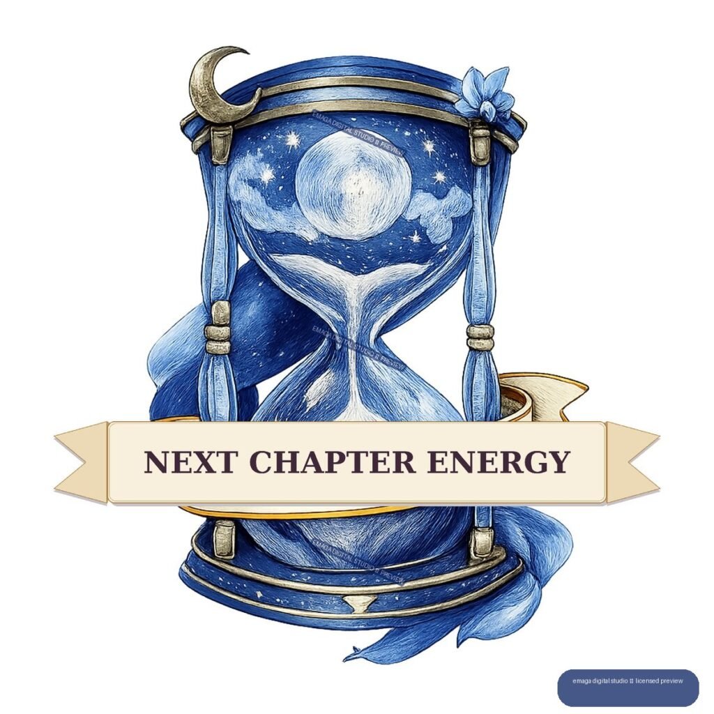 Blue ornate hourglass with a moon, stars, clouds, crescent moon, ribbons, and a banner reading “NEXT CHAPTER ENERGY.”