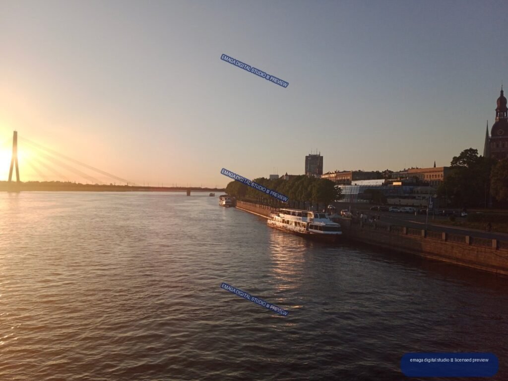 Sunset over the Daugava River and waterfront in Riga, Latvia
