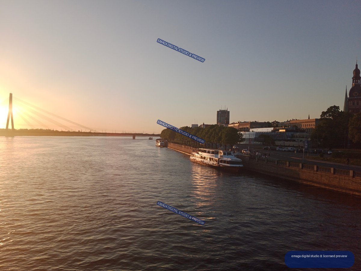 Sunset over the Daugava River and waterfront in Riga, Latvia