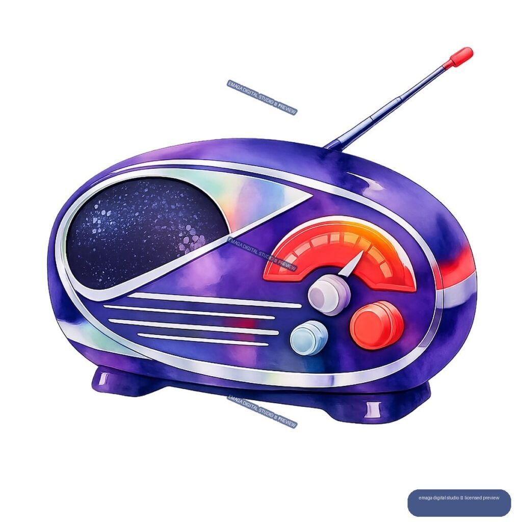Purple retro-futuristic radio with silver trim, red analog dial, controls, and raised antenna.