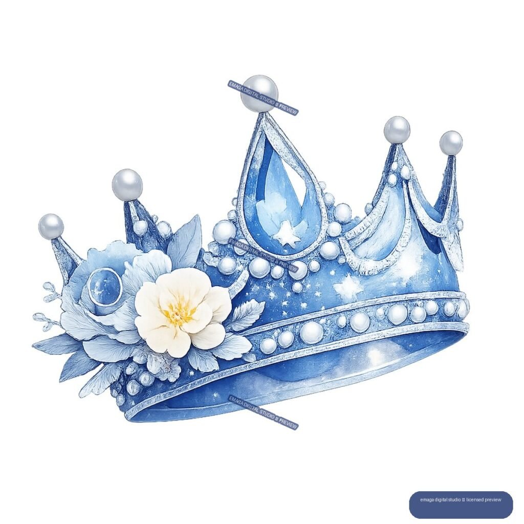 Blue jeweled crown with pearl-like beads, pointed peaks, central star ornament, and blue and cream flowers.