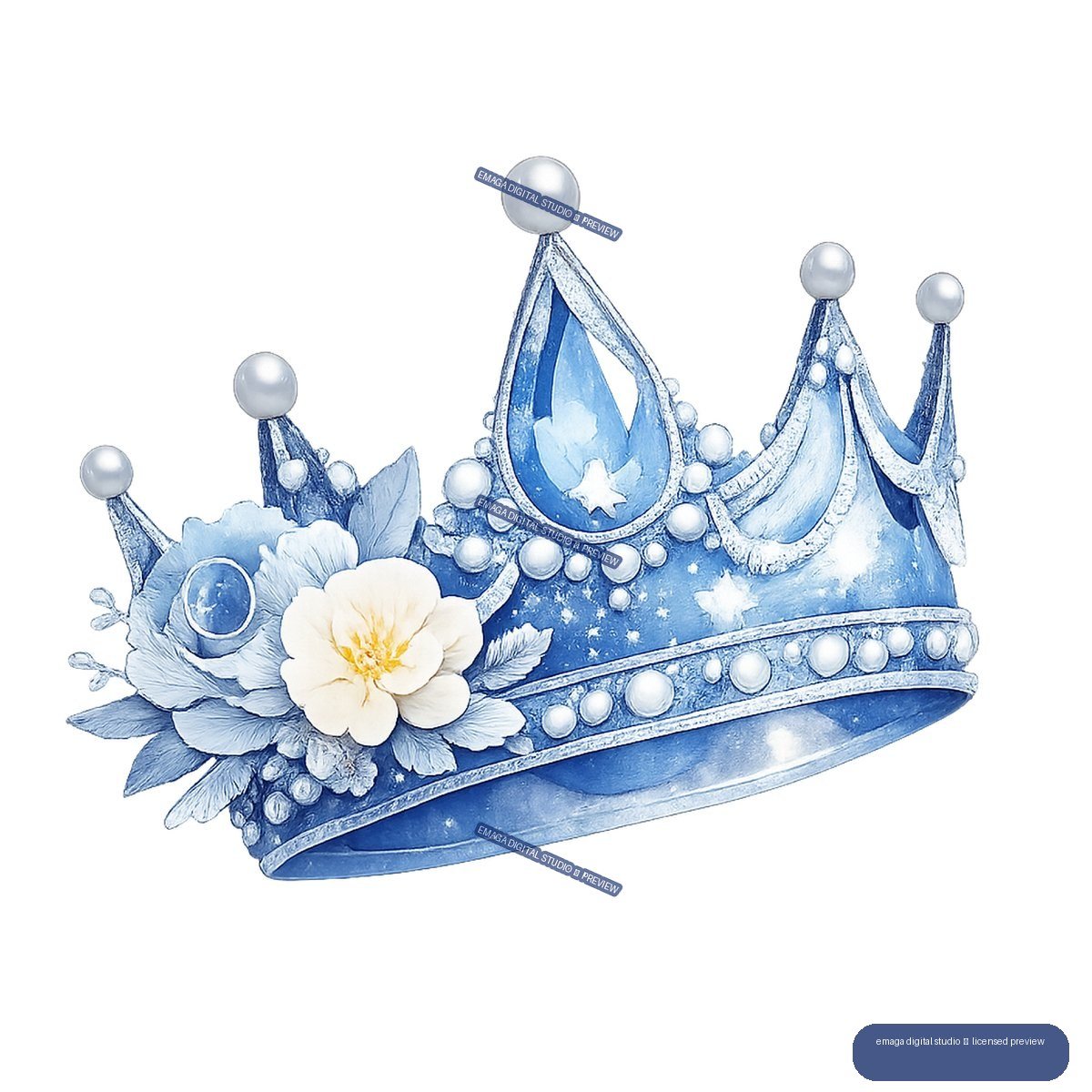 Blue jeweled crown with pearl-like beads, pointed peaks, central star ornament, and blue and cream flowers.