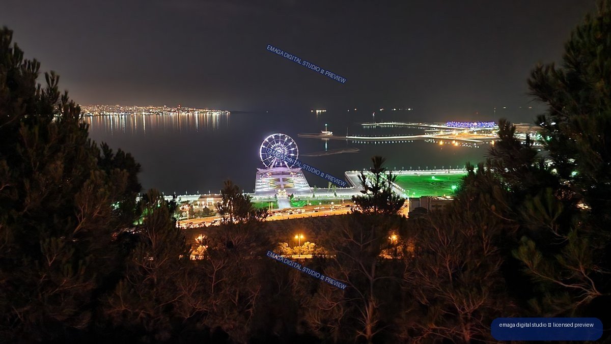 Night Panorama of Baku, Azerbaijan Waterfront and Bay