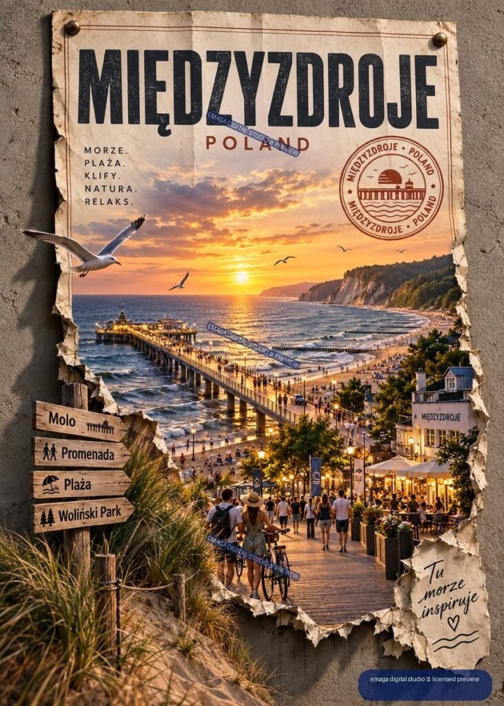 Travel poster for Międzyzdroje, Poland, showing a sunset over the Baltic coast, pier, beach, promenade, cliffs, seagulls, and directional signs.
