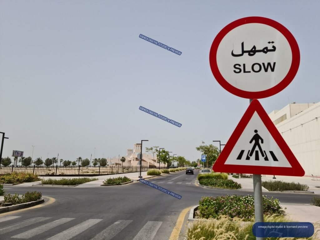 Traffic signs and landscaped road at Corniche Marina, Ad-Dammam, Saudi Arabia