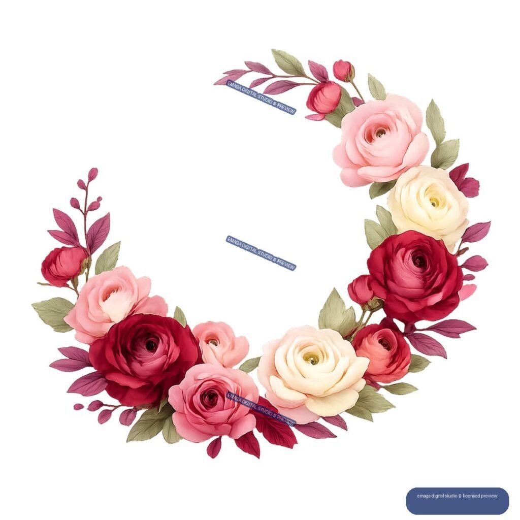 Circular wreath of pink, red, burgundy, and cream roses with green leaves, leaving an open center.