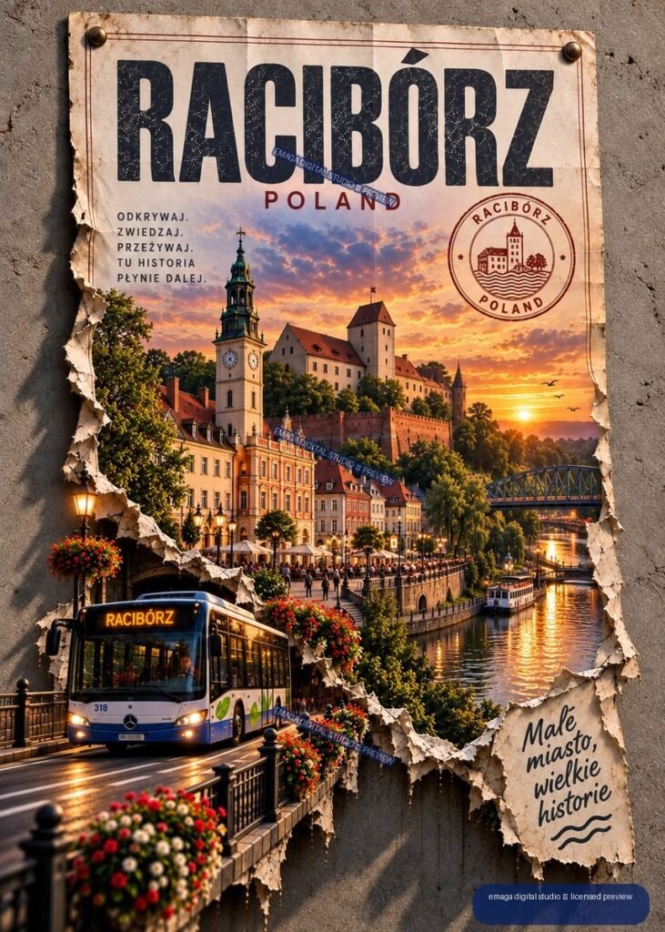Vintage-style Racibórz Poland travel poster with historic riverside cityscape at sunset, bus, bridge, boat, and large city lettering.