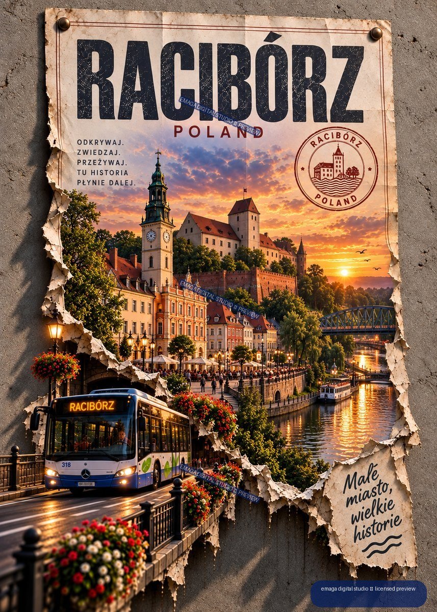 Vintage-style Racibórz Poland travel poster with historic riverside cityscape at sunset, bus, bridge, boat, and large city lettering.