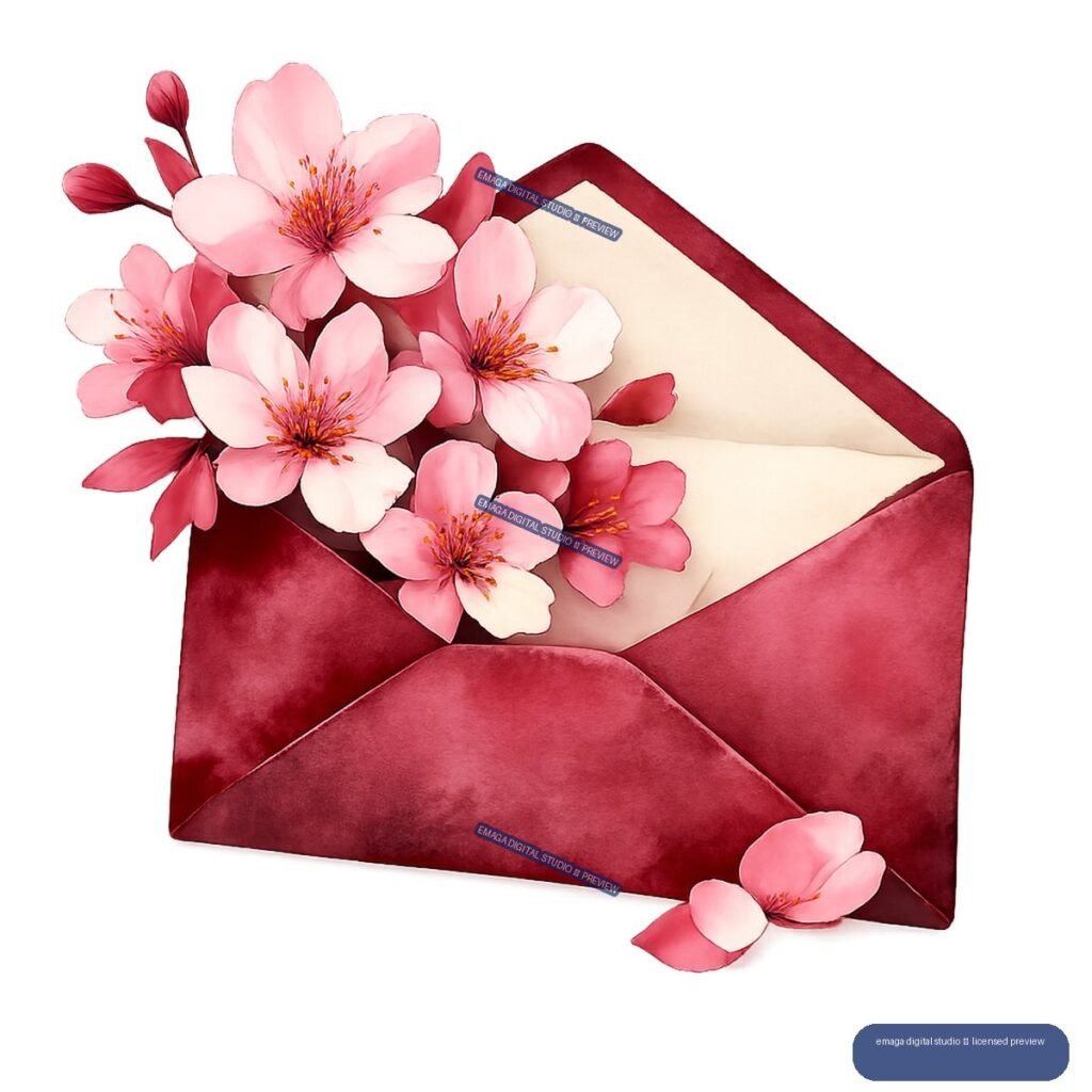 Pink cherry blossoms emerge from an open burgundy envelope, with loose petals below.