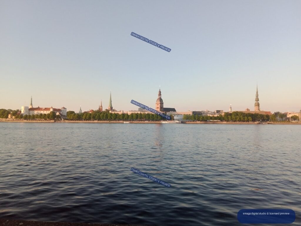 Riga, Latvia Skyline Across the Daugava River at Golden Hour