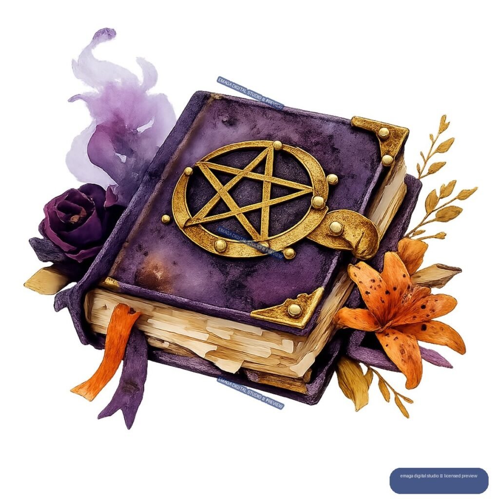Purple spellbook with a gold pentagram emblem, purple smoke, a dark rose, orange lily, dried foliage, and ribbon bookmarks.