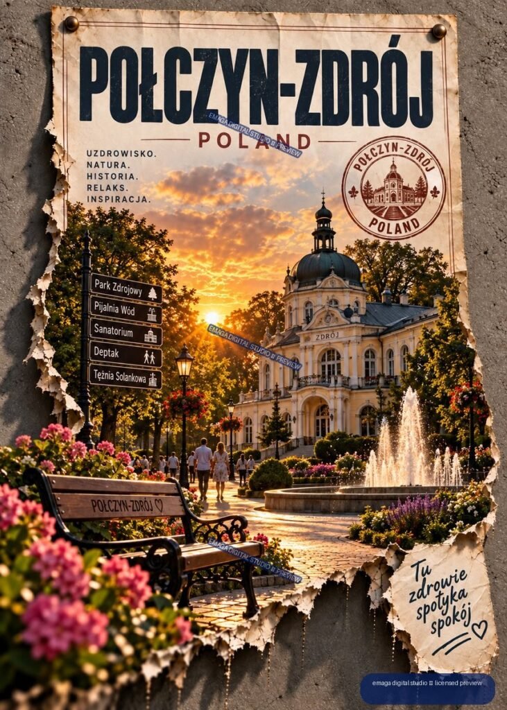 Vintage-style Polczyn-Zdrój Poland travel poster showing a spa building, fountain, gardens, sunset, and signposts.