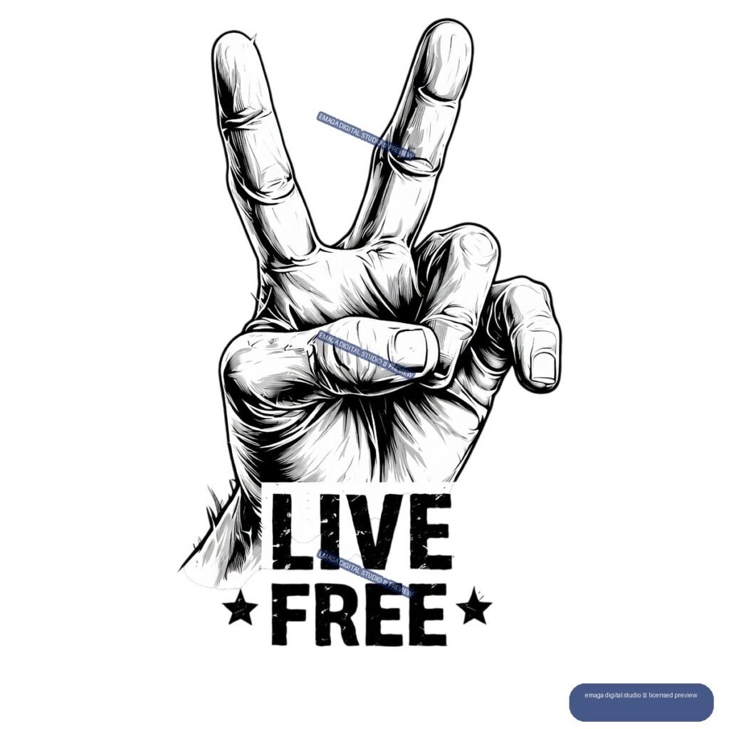 Black-and-white illustration of a raised hand making a two-finger gesture above distressed LIVE FREE lettering and two stars.