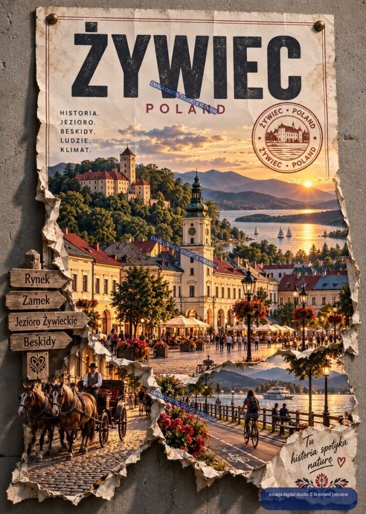 Vintage-style Żywiec, Poland travel poster showing a castle, lake, mountains, town square, waterfront, carriage, and sailing boats.