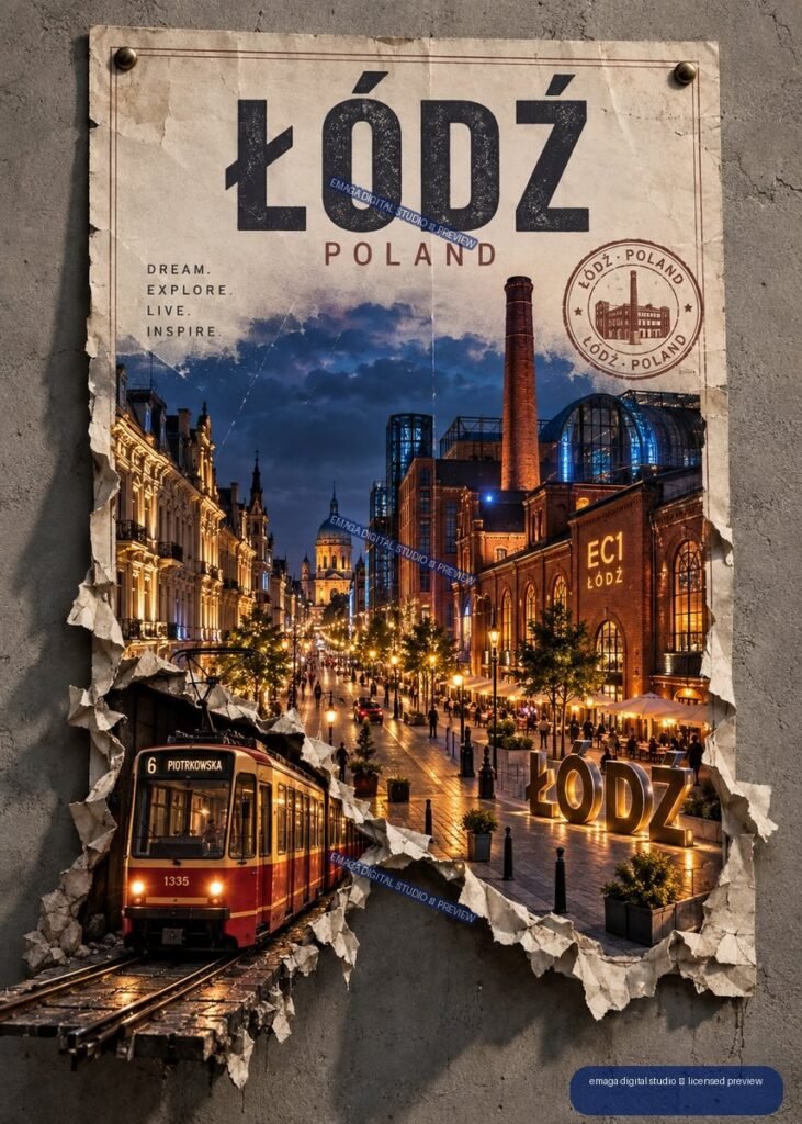 Weathered Łódź Poland travel poster showing an illuminated city street, EC1 complex, red tram, bold title text, and a circular stamp emblem.