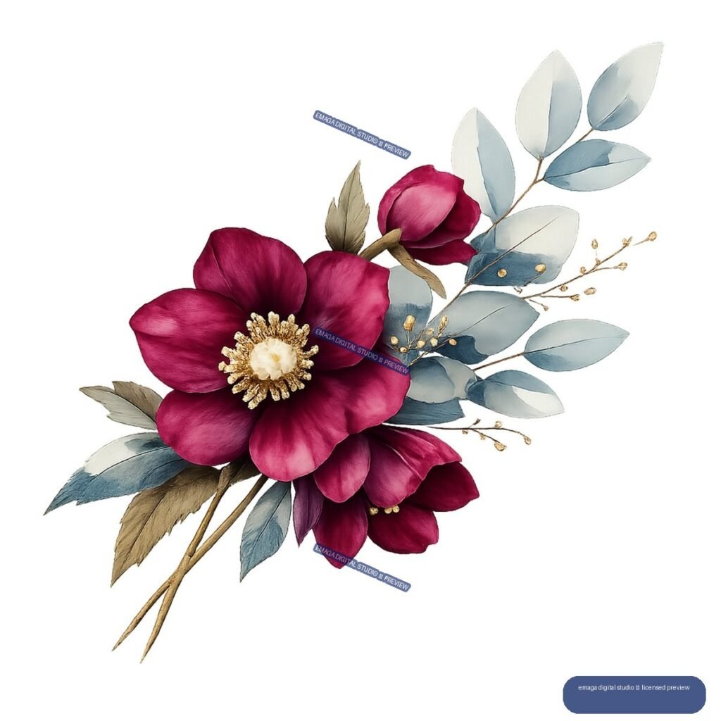 Watercolor botanical arrangement with burgundy flowers, blue-gray eucalyptus leaves, tan foliage, and small golden accents.