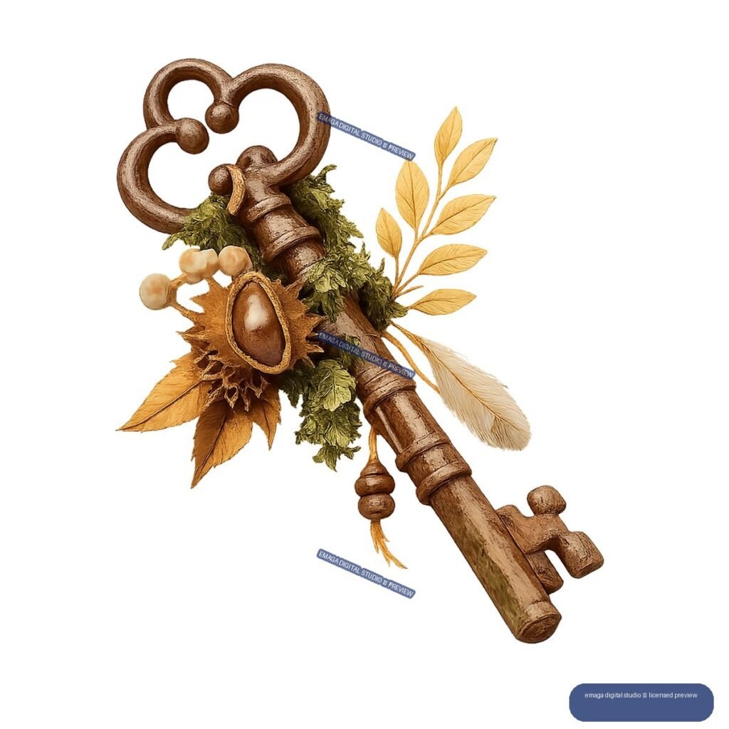Decorative wooden key arranged diagonally with an acorn, oak leaves, moss, berries, golden foliage, and feathers.