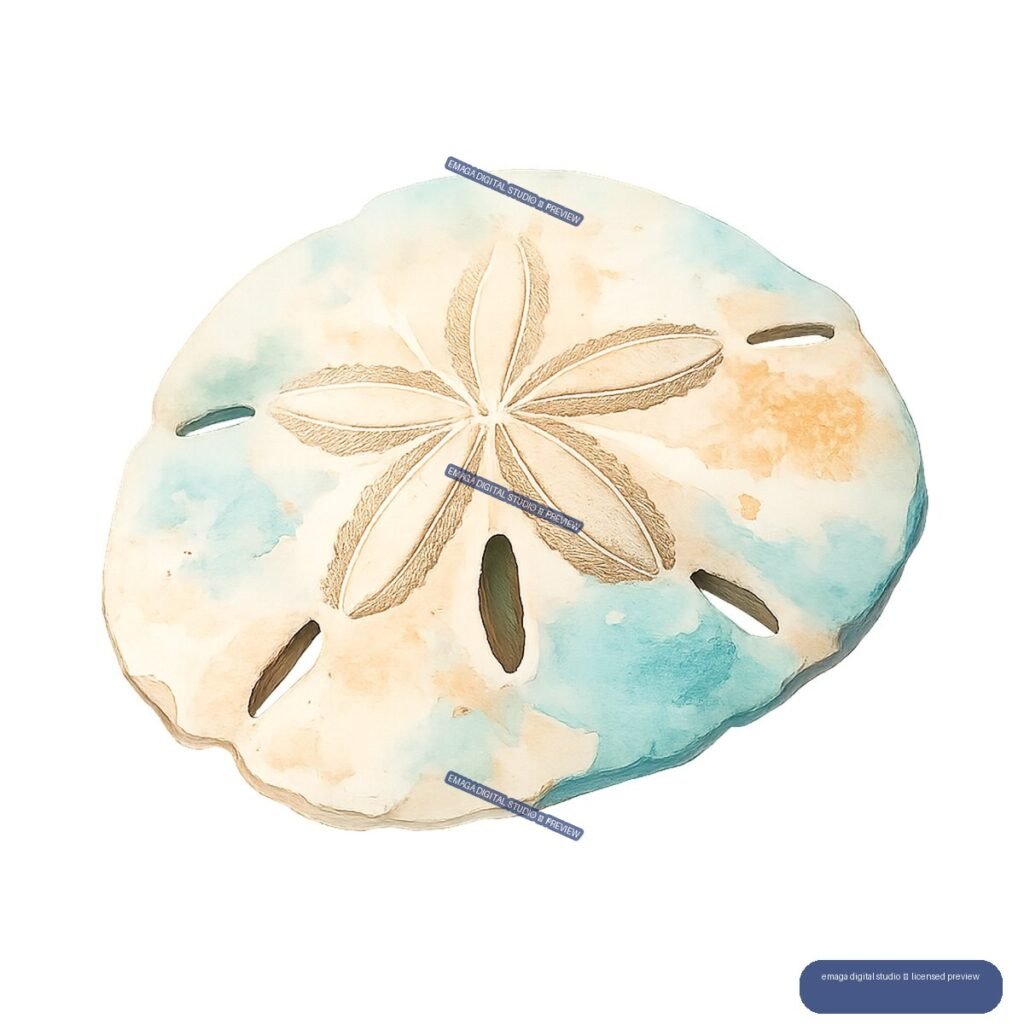 Watercolor illustration of an ivory sand dollar with a central flower pattern, turquoise washes, and elongated openings.