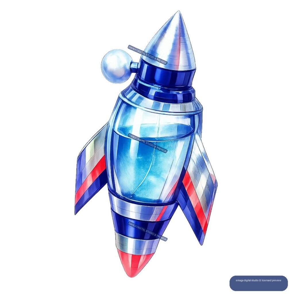 Stylized blue, silver, and red retro rocket with a pointed nose, central chamber, side sphere, and three fins.
