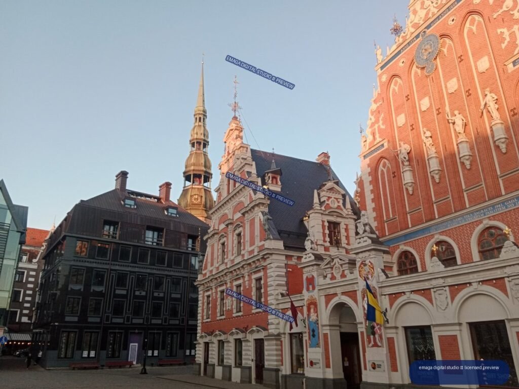 Ornate Historic Facades in Riga, Latvia Under Clear Blue Sky