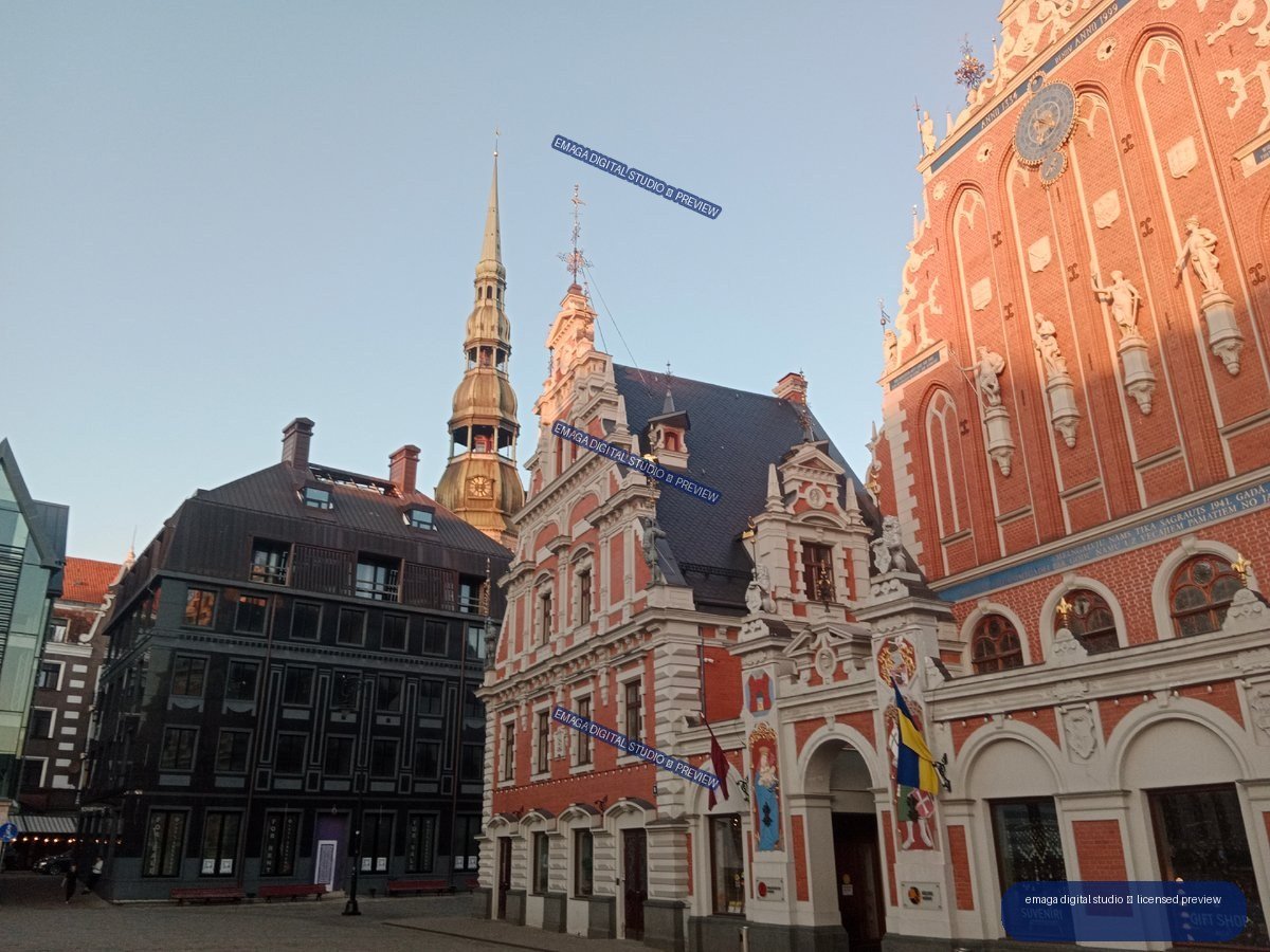 Ornate Historic Facades in Riga, Latvia Under Clear Blue Sky