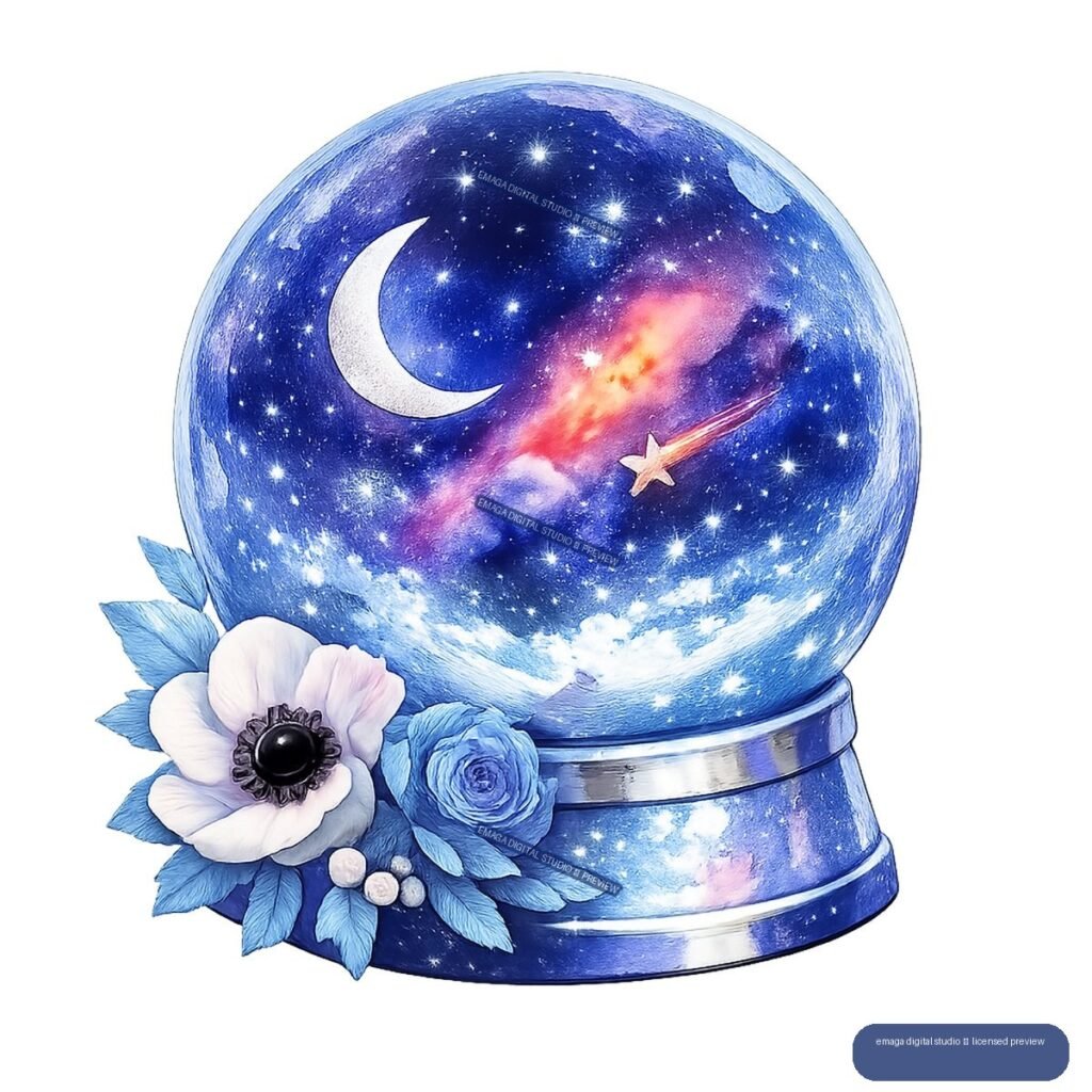Blue celestial snow globe with stars, crescent moon, shooting star, nebula, and blue flowers on a transparent background.