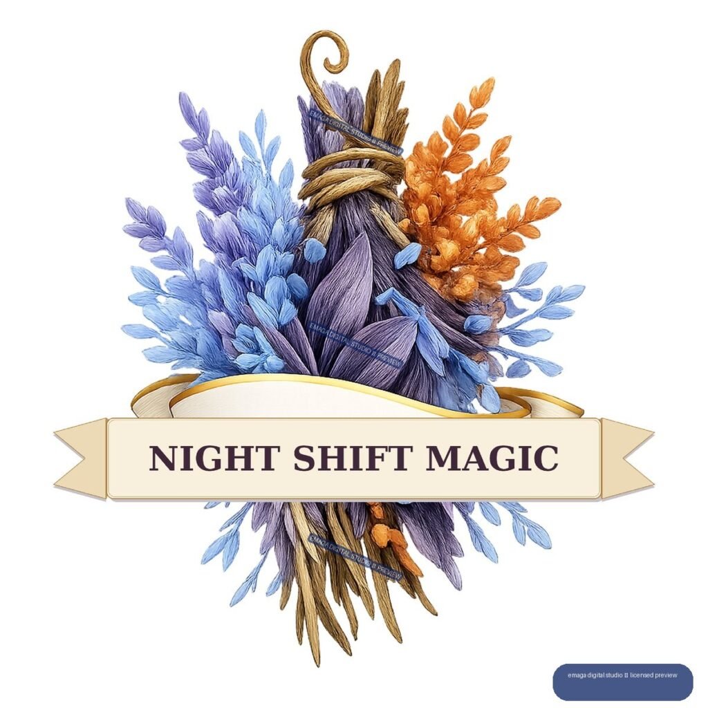 Bundled blue, purple, lavender, and orange botanicals tied with cord behind a cream banner reading NIGHT SHIFT MAGIC.
