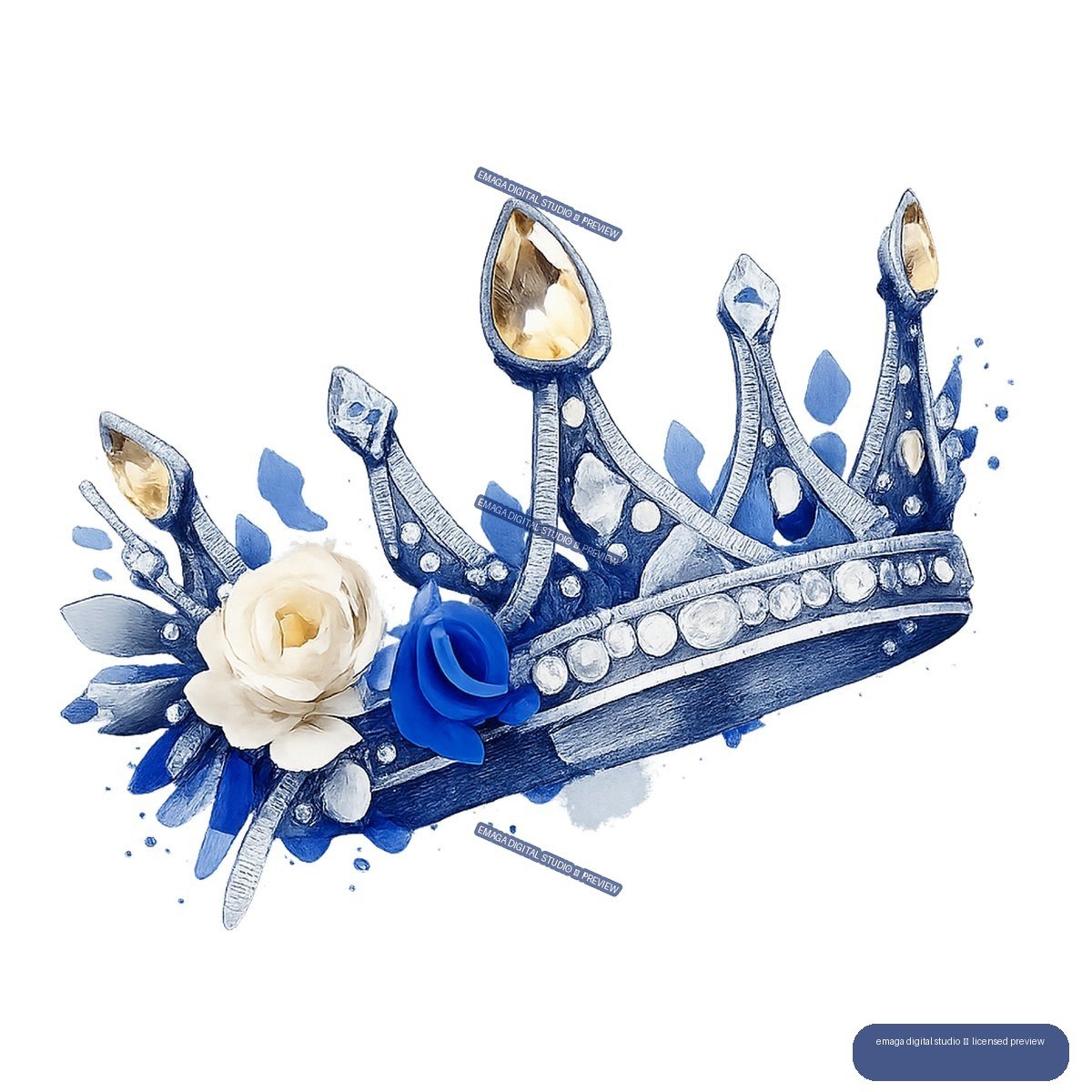 Ornate blue and gold jeweled crown with white and blue roses and blue foliage accents.