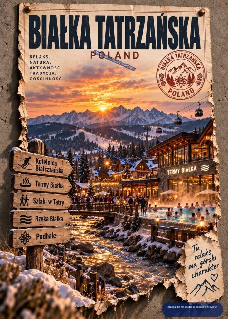 Vintage-style Białka Tatrzańska Poland travel poster showing snowy Tatra mountains, sunset, resort buildings, thermal pools, river, ski lifts, and wooden signs.