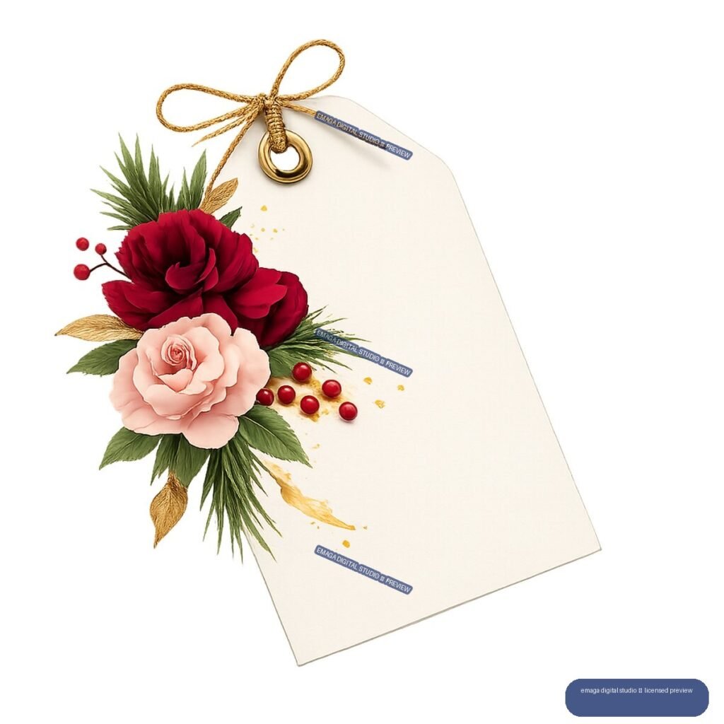 Cream gift tag with twine bow and burgundy and blush flowers, greenery, berries, and gold accents.