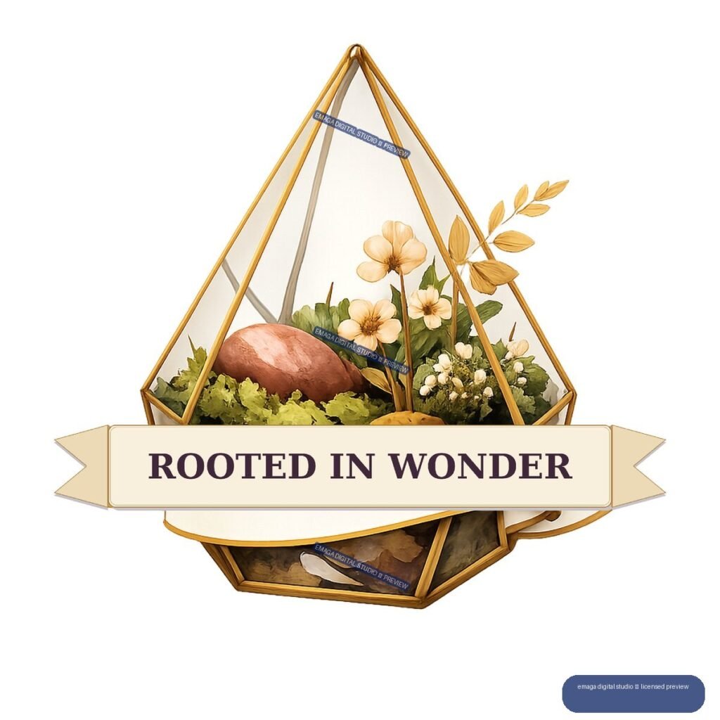 Gold-framed geometric terrarium filled with moss, foliage, flowers, stones, and dried leaves, with a cream ribbon reading ROOTED IN WONDER.