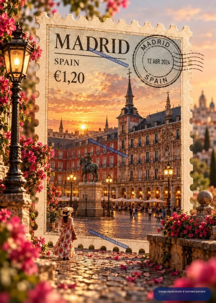 Decorative Madrid postage stamp showing a sunset plaza, ornate buildings, street lamps, flowers, and a woman in a floral dress.